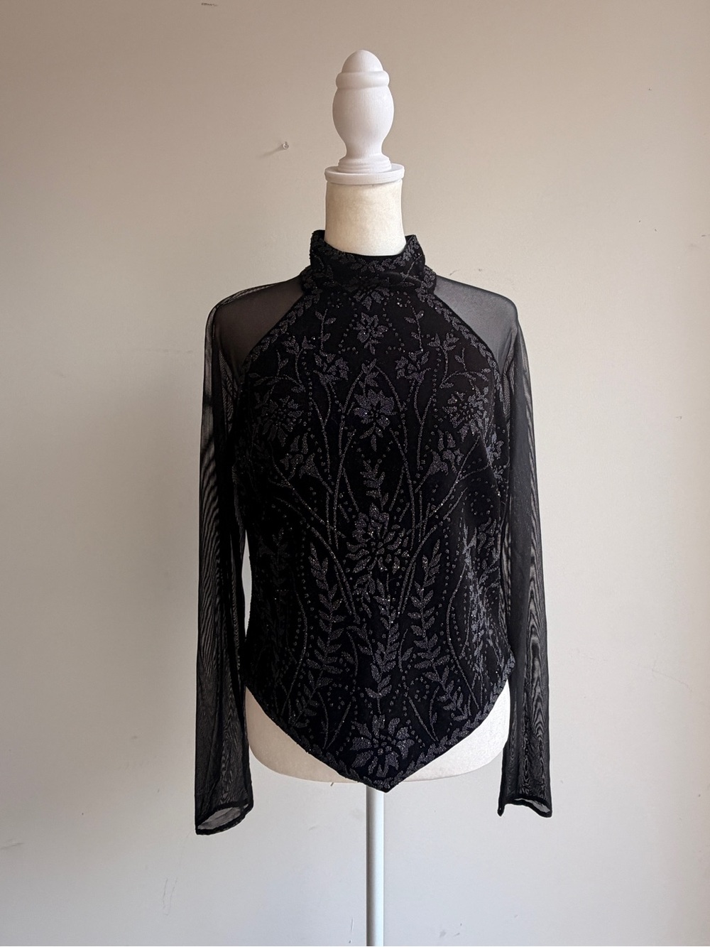 Vintage Tadashi Black Floral Sheer Mesh Top | Dark Romantic Whimsigoth XL
